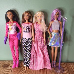 Random group of Barbie dolls wearing different outfits.